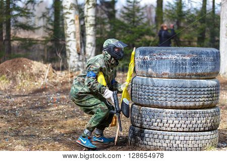 Saint-Petersburg, Russia - April 24, 2016: Paintball tournament in Snaker club between student teams from five universities. Game process.