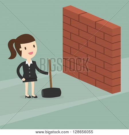 business woman breaking wall with hammer. Business Concept Cartoon Illustration.