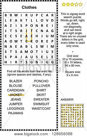 Clothes themed zigzag word search puzzle (suitable both for kids and adults). Answer included.