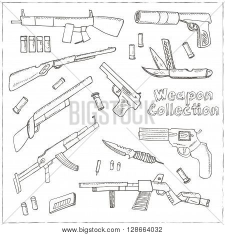 Hand drawn set  of Weapons.  Isolated vector illustration for identity, design, decoration, packages product and interior decoration