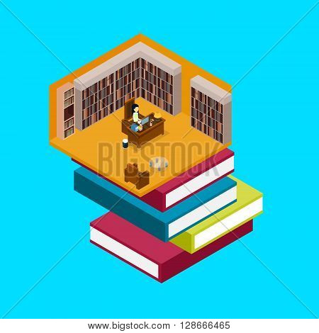 Woman Work At Laptop In Book Store Libraty 3d Isometric Vector Illustration