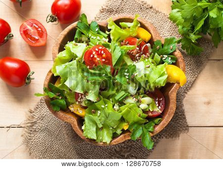 Fresh vegetable salad with seeds. Uzeful and healthy food.