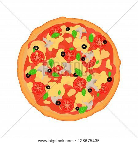 Flat Italian pizza with mushrooms, olives, basil, tomatoes and a variety of sauces. Hand drawn vector illustration.