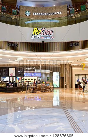HONG KONG - APRIL 23, 2015: inside of the PopCorn Shopping Mall. PopCorn is a shopping mall atop Tsueng Kwan O MTR station