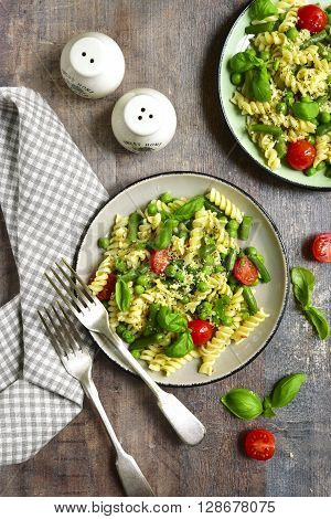 Pasta Primavera On A Vintage Plates.