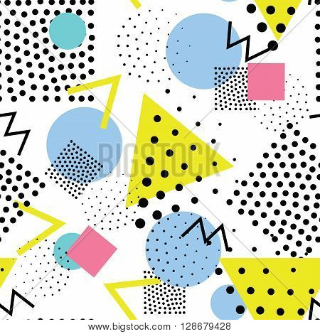 Vector colorful seamless pattern. Universal repeating geometric abstract figure, pseudo art. Wallpaper, wrapping paper, interior, pointillism, memphis 80s, 90s style