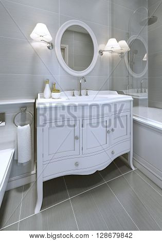 White art deco styled sink console in bathroom. Round mirror with sconces on both sides. 3D render