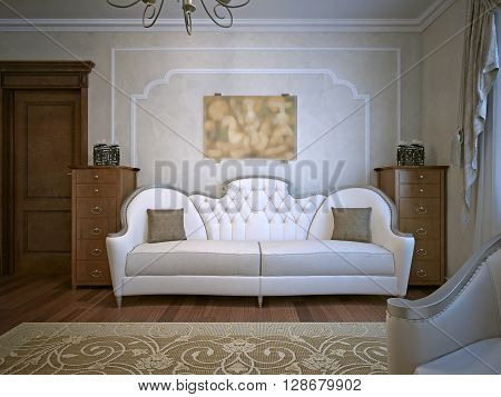 Living room with oak furniture. Beige wallpapers. 3D render