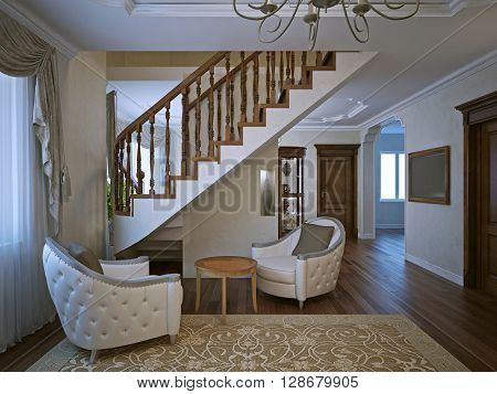 Cozy sitting place in spacy living. Two upholstery armchairs and roung coffe table. 3D render