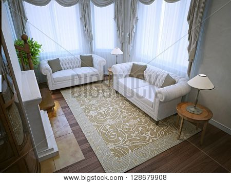 Living room with quality lighting. Panoramic windows. 3D render