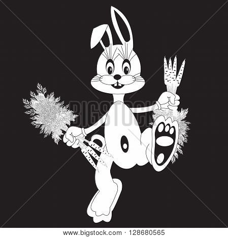 stencil funny bunnies running with carrots on a black background