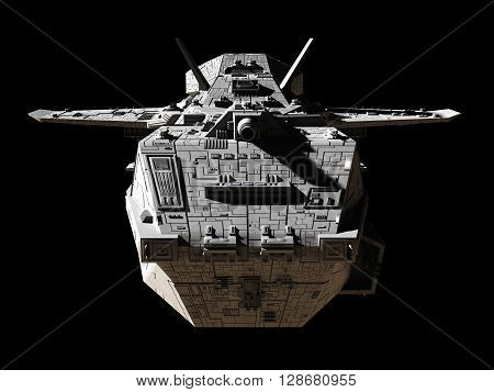 Science fiction illustration of an interplanetary gunship, isolated on black, front view, 3d digitally rendered illustration (3d rendering, 3d illustration)