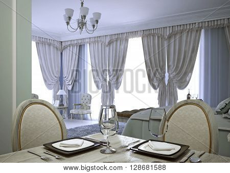 View of luxury studio apartment served table. Black plates with vine glasses. 3D render