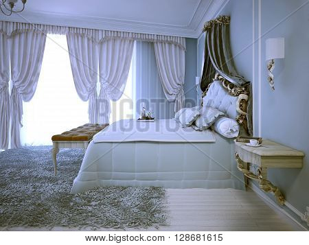 Avant garde design of bedroom in daylight. Large tick pile grey carper pale wood wall mounter bedside table. 3D render
