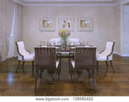Design of dining room in private house. Beautiful white chairs with wooden carcas. Served wooden table in room with cream colored plaster walls. 3D render