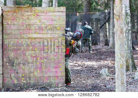 Saint-Petersburg, Russia - April 24, 2016: Paintball tournament in Snaker club between student teams from five universities. Interview with organizators.