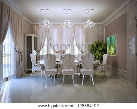 Cozy dining room in retro style. Fabric upholstered dining chairs Polished concrete flooring. 3D render