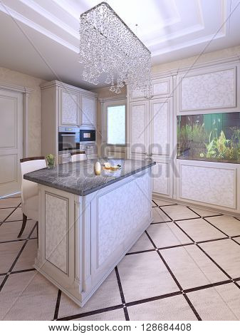 Avantgarde kitchen with white pattern furniture fabric bar chairs in white color with dark brown wooden carcas. Crystal chandelier. 3D render
