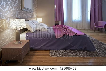 Master bedroom in avantgarde style. Purple and pink color in interior. Wool gray carpet. 3D render