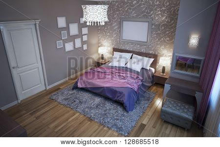 Avantgarde bedroom in grey color trend. Paged milano bed tick pile wool carpet. 3D render