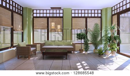 Great winter garden design idea. Light lime walls and brown furniture and window fpames. Ceramic tile in interior. 3D render