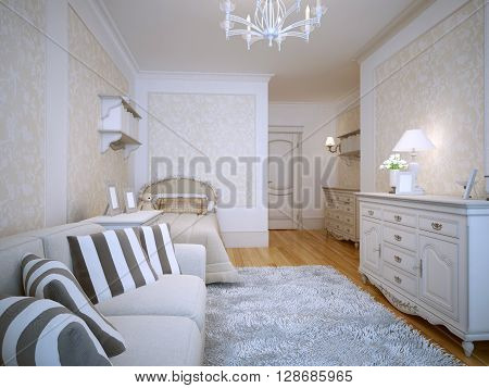 Spacious bedroom classic style. White furniture striped cushions on the couch. White walls with decorative inserts of beige patterned wallpaper. 3D render