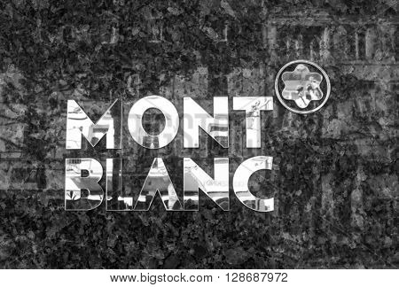 BADEN-BADEN, GERMANY  - MAY 4: MONTBLANC sign . Mont Blanc is a German manufacturer of luxury writing instruments. Germany, Baden-Baden, May 4, 2016