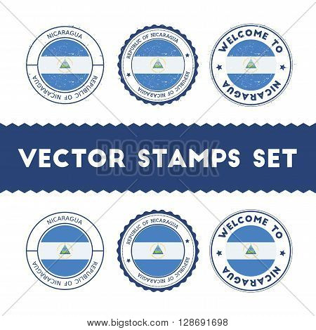 Nicaraguan Flag Rubber Stamps Set. National Flags Grunge Stamps. Country Round Badges Collection.