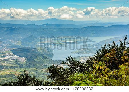 View from hilltop near Antigua of Lake Amatitlan near Guatemala City.