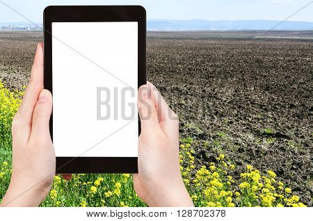Hands Holding Tablet Pc With Cut Out Screen
