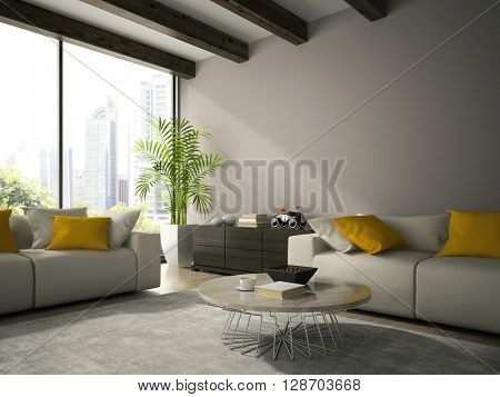 Interior of modern design room with white couch 3D rendering