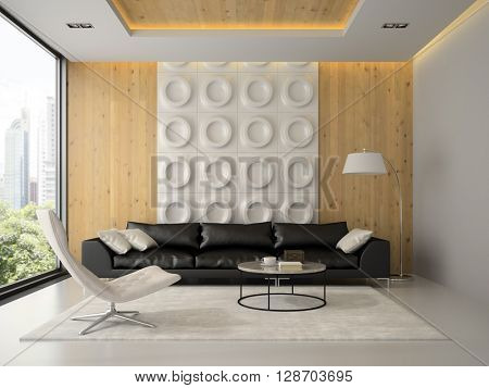 Interior of modern design room with black couch 3D rendering 