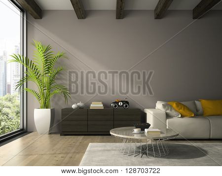 Interior of modern design room with white couch 3D rendering