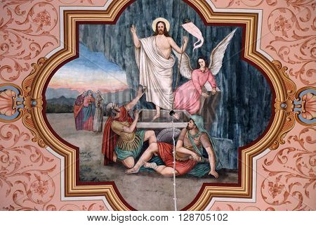 STITAR, CROATIA - AUGUST 27: The Resurrection of Jesus, fresco in the church of Saint Matthew in Stitar, Croatia on August 27, 2015