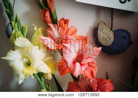 Beautiful Stylish Bouquet Of Colorful Gladioli And Bird, Greeting Card