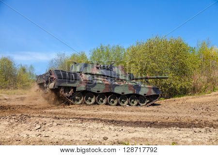 GRIMMEN / GERMANY - MAY 5: german leopard 1 a 5 tank drives on track on a motortechnic festival on may 5 2016 in Grimmen / Germany.