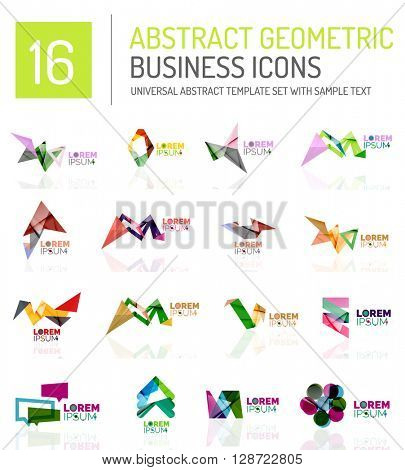Abstract geometric business logo icon set. Colorful geometrical figure compositions with light effects - triangles circles rings arrows lines