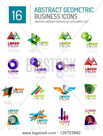 Abstract geometric business logo icon set. Colorful geometrical figure compositions with light effects - triangles circles rings arrows lines