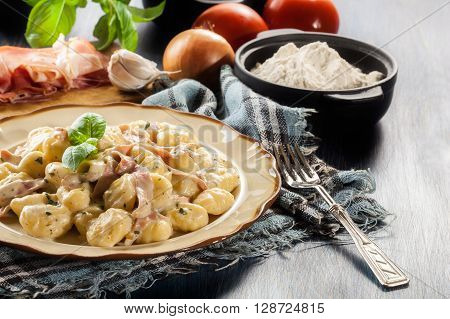 Potato Gnocchi, Italian Potato Dumplings With Cheese Sauce, Ham