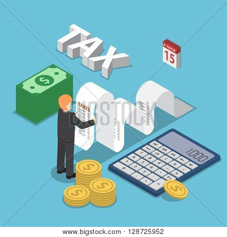 Isometric Businessman Calculate Document For Taxes With Calculator