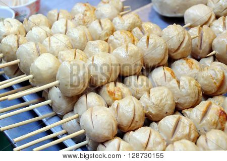 Closed up Grilled porkball in Thai local market