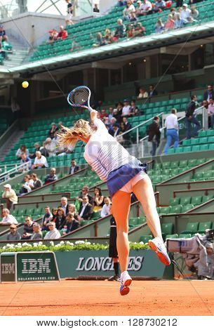 PARIS, FRANCE- MAY 27, 2015: Five times Grand Slam champion Maria Sharapova in action during her third round match at Roland Garros 2015 in Paris, France