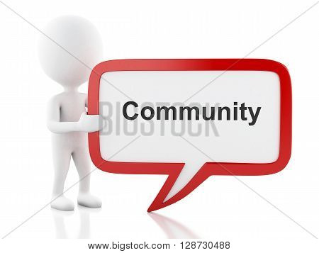 3d renderer image. White people with speech bubble that says Community. Isolated white background.