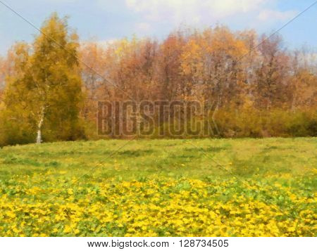 Spring meadow dry brush watercolor digital painting picture