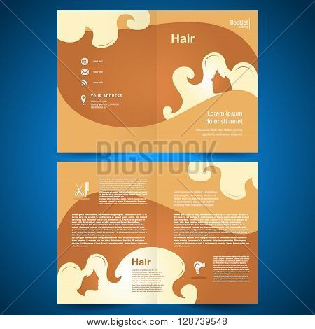 booklet catalog brochure folder hair salon element locks beauty hairdresser brown color background beige silhouette
