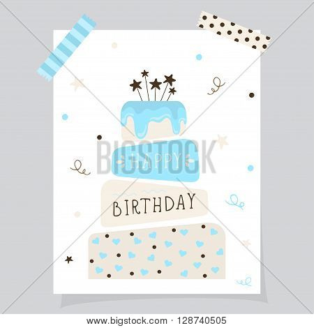 Cute happy birthday card with cake. Birthday cake. Vector calligraphic inscription «Happy birthday