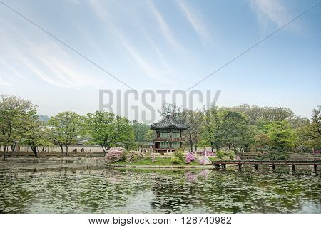 Seoul, South Korea - April 22, 2016: April 22, 2016 Hyangwonjeong Hexagonal Pavilion Of Gyeongbokgun