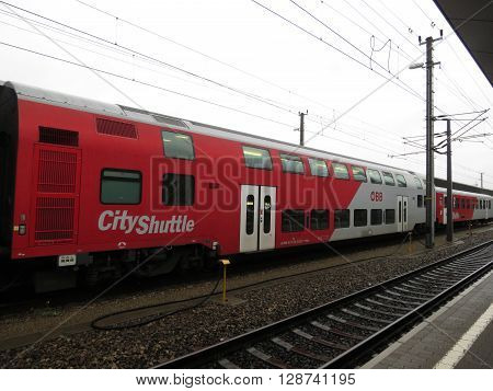 VIENNA AUSTRIA - CIRCA MAY 2014: A train on railroad railway for mass transit public transport
