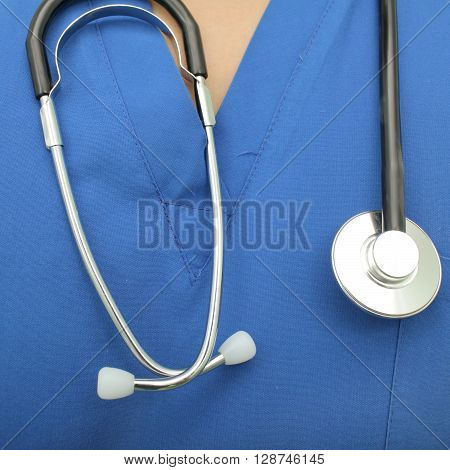 Stethoscope on doctor's neck in work clothes