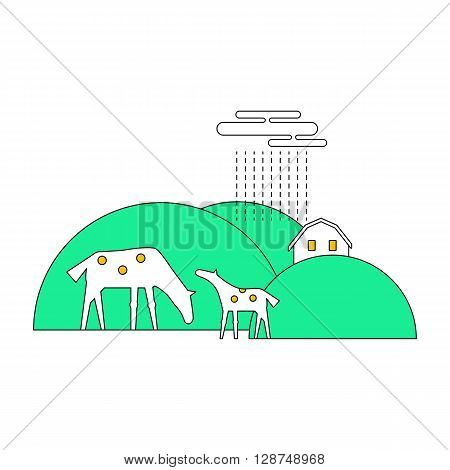 Thin line flat design of rural landscape. Thin line abstract countryside with hill animals house. Set of design elements for rural landscape isolated on white background. Rural life.